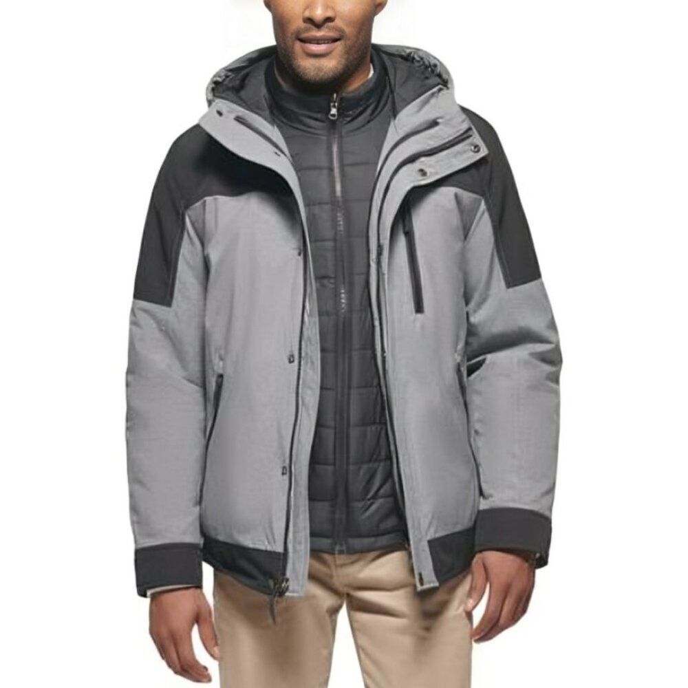 Club Room 3-in-1 Hooded Jacket Men's XL Black/Gray Heather Snap Zip Closure L/S